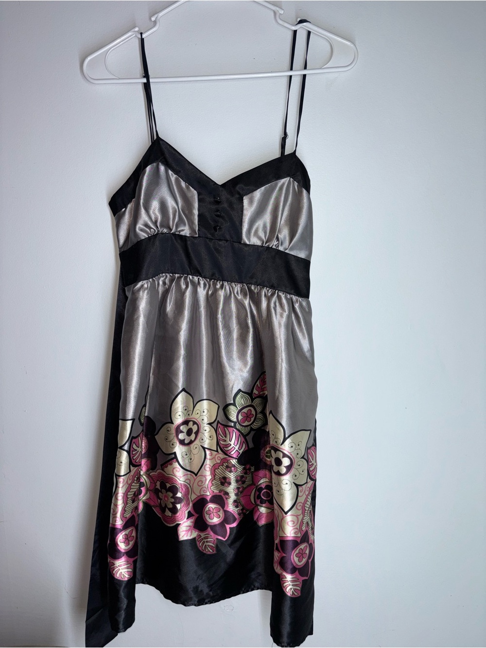y2k Satin Floral Spaghetti-Strap Dress - Silver & Black